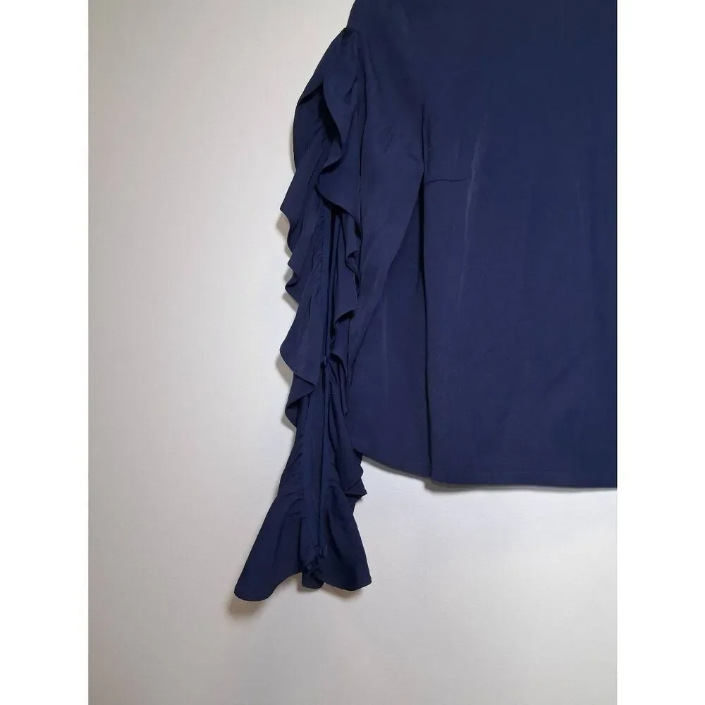 Club Monaco womens small boxy shirt navy blue ruffle sleeve boat neck